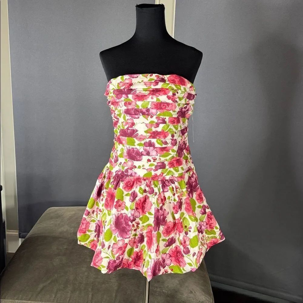 Women’s Wild Fable Floral Pink Green Ruched Bubble Mini Dress Size M NEW